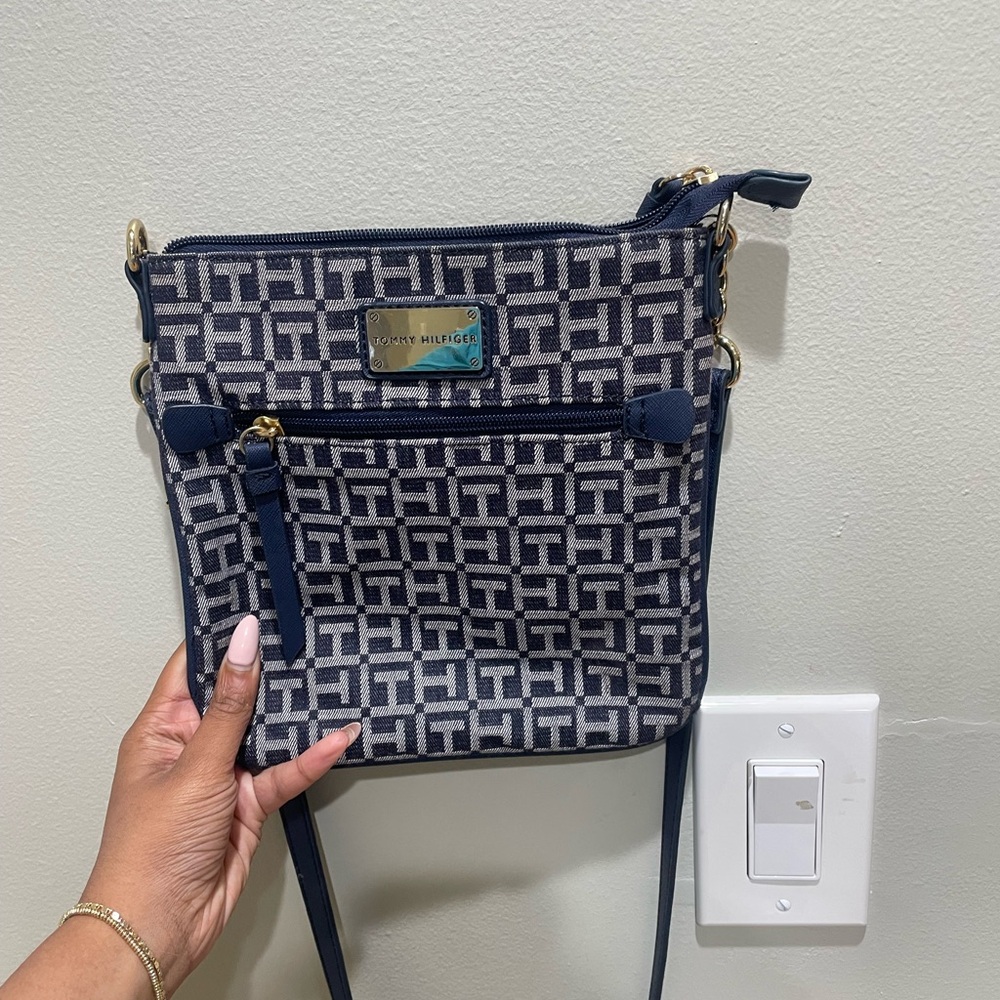 Tommy Hilfiger Blue and White Patterned Crossbody Bag